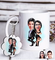 BK Gift Kişiye Özel Sevgililer Karikatürlü Beyaz Kupa ve Anahtarlık Hediye Seti-6 (Model 1)