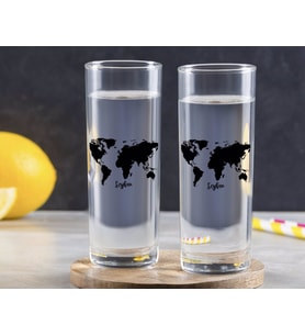 BK Gift Kişiye Özel Renkli Baskılı Dünya Haritalı İkili Vodka Bardağı-1 (Beyaz)