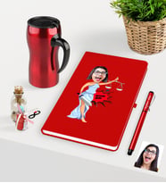 BK Gift Kişiye Özel Bayan Avukat Karikatürlü Kırmızı Defter Kalem ve Termos Mug Seti - 1 (Model 1)