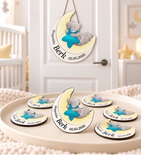 Kişiye Özel Bebek Kapı Süsü Ve  Adet Magnet Seti Ay Ve Ayı