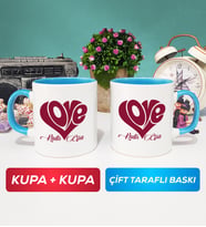 İkili Love Tasarımlı Sevgililer Günü Hediyesi Kupa Bardak Mavi