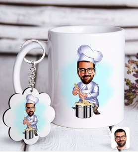 BK Gift Kişiye Özel Erkek Aşçı Karikatürlü Beyaz Kupa ve Anahtarlık Hediye Seti-1 (Model 1)