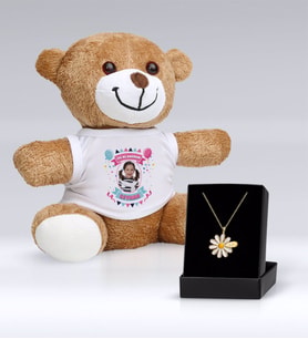 BK Gift Kişiye Özel İsimli Papatya Kolye ve Fotoğraflı Doğum Günü Peluş Ayıcık Hediye Seti-2 (Model 1)