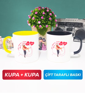İkili Sevgiliye Sevgililer Günü Hediyesi 2 Kupa Bardak Sarı Siyah