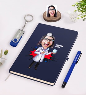 BK Gift Kişiye Özel Kadın Diş Hekimi Karikatürlü Lacivert Defter Kalem 32gb USB Bellek Hediye Seti-3 (Model 1)