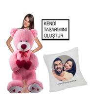 Kişiye Özel Yastık Hediyeli 100 cm Çift Kalp Tutan Romantik Ayıcık (Pembe)