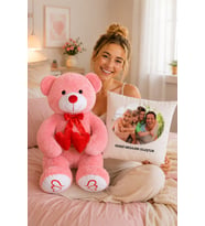 Kişiye Özel Yastık Hediyeli 75 cm Çift Kalp Tutan Romantik Ayıcık (Pembe)