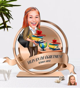 Öğretmenler Günü Hediyesi BK Gift Kişiye Özel Yılın En İyi Kadın Öğretmeni Karikatürlü 3D Ahşap Biblo Plaket-6 (Beyaz)