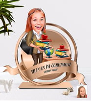 Öğretmenler Günü Hediyesi BK Gift Kişiye Özel Yılın En İyi Kadın Öğretmeni Karikatürlü 3D Ahşap Biblo Plaket-6 (Beyaz)