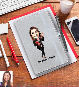 Kişiye Özel Avukat Karikatürlü Gri Defter Kalem Hediye Seti Bayan-1
