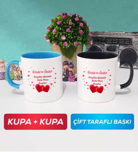 İkili Sevgiliye Sevgililer Günü Hediyesi 6 Kupa Bardak Mavi Siyah