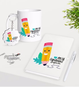 BK Gift Kişiye Özel En İyi Öğretmen Kupa Anahtarlık Beyaz Defter Kalem Hediye Seti-10 (Model 1)