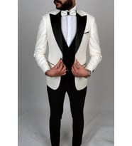 Jan Carlucci Slim Fit Sivri Yaka-Çift Yırtmaç Beyaz Drop 6 Damatlık Smokin - Full Set Yelek, Gömlek, Papyon