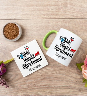 Sağlık Bilgisi Öğretmeni Yeşil Kupa Bardak Ve Bardak Altlığı Seti