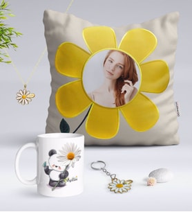 BK Gift Kişiye Özel Fotoğraflı Papatya Yastık Kupa Papatya Kolye ve Gold Anahtarlık Seti-9 (Model 1)