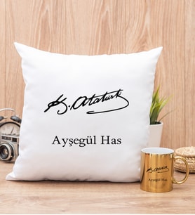 Atatürk İmzalı Yastık ve Gold Kupa Bardak