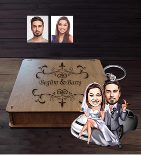 Kişiye Özel Gelin Damat Karikatürlü Ahşap Anahtarlık Kutulu  Mod-2