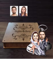 Kişiye Özel Gelin Damat Karikatürlü Ahşap Anahtarlık Kutulu  Mod-2