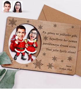 BK Gift Kişiye Özel Sevgililer Karikatürlü Retro Ahşap Yılbaşı Tebrik Kartı - 3