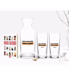 BK Gift Kişiye Özel Renkli Baskılı Yarıya Kadar Değil Yaraya Kadar Tasarımlı İkili Rakı Bardağı Karaf ve Cep Kitabı Hediye Seti-1 (Model 1)