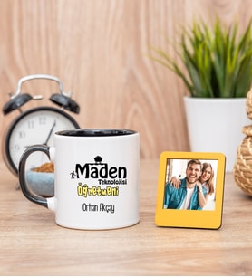 Maden Teknolojisi Öğretmeni Siyah Kupa Bardak ve Sarı Mini Fotoğraf Çerçevesi