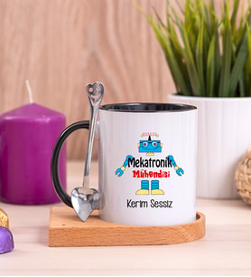 Mekatronik Mühendisi Ahşap Altlıklı Siyah Kupa Bardak
