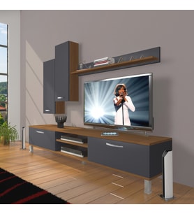 Decoraktiv Eko 7 Mdf Dvd Krom Ayaklı Tv Ünitesi Tv Sehpası (Antrasit - Ceviz)