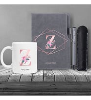 Kişiye Özel UV Baskılı  Harfli Gri Defter Roller Kalem Kupa Seti