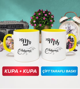 İkili Çiftlere Özel Mr Mrs Sevgiliye Hediye Kupa Bardak Sarı