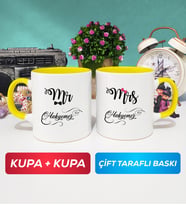 İkili Çiftlere Özel Mr Mrs Sevgiliye Hediye Kupa Bardak Sarı