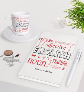 BK Gift Kişiye Özel İngilizce Öğretmeni Beyaz Defter Kalem Türk Kahvesi Fincanı Seti-6 (Model 1)
