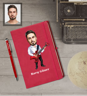 Kişiye Özel Gitarist Karikatürlü  Kırmızı Defter Kalem Hediye Seti Bay-2