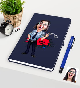 BK Gift Kişiye Özel Bayan Polis Karikatürlü Lacivert Defter Kalem Seti