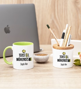 Tekstil Mühendisi Yeşil Kupa Bardak Ve Kalemlik Hediye Seti