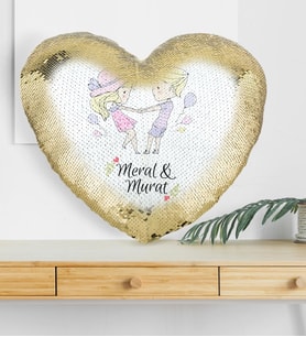 BK Gift Kişiye Özel Sevgililer Günü Altın Yaldız Sihirli Kalp Yastık  66