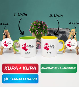 İkili Yeşil Sarı Sevgililer Günü Hediyesi Kupa Bardak Anahtarlık