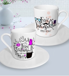 BK Gift Kişiye Özel İkili Evin Süslüsü Yakışıklısı Türk Kahvesi Fincanı Seti - 3 (Beyaz)