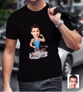 BK Gift Kişiye Özel Bay Fitness Eğitmeni Karikatürlü Siyah T-Shirt