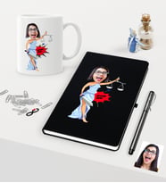 BK Gift Kişiye Özel Bayan Avukat Karikatürlü Siyah Defter Kalem Kupa Seti - 1 (Model 1)