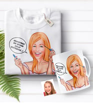 BK Gift Kişiye Özel Bayan Kolay Yetişmiyor Karikatürlü Beyaz Tişört ve Kupa Seti-7 (Model 1)