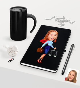 BK Gift Kişiye Özel Bayan Avukat Karikatürlü Siyah Defter Kalem ve Termos Mug Seti - 3 (Model 1)