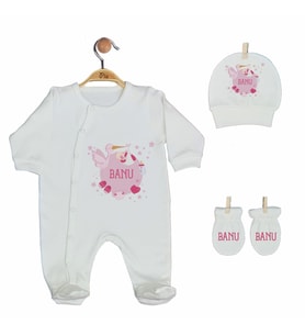 Pia Baby GL 2005 İsme Özel Leylekli Üçlü Tulum Set