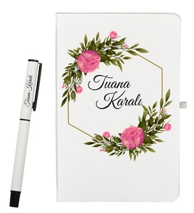Kişiye Özel Hazırlanmış Şık Çiçek Tasarımlı Defter ve Beyaz Roller Kalem Seti