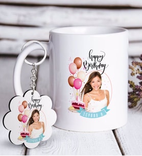 BK Gift Kişiye Özel Fotoğraflı Doğum Günü Beyaz Kupa ve Anahtarlık Hediye Seti-5 (Model 1)