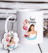 BK Gift Kişiye Özel Fotoğraflı Doğum Günü Beyaz Kupa ve Anahtarlık Hediye Seti-5 (Model 1)