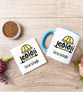 Jeoloji Mühendisi Mavi Kupa Bardak Ve Bardak Altlığı Seti
