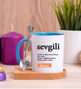 Sevgili Kelime Anlamı Ahşap Altlıklı Mavi Kupa Bardak