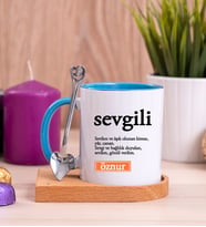 Sevgili Kelime Anlamı Ahşap Altlıklı Mavi Kupa Bardak