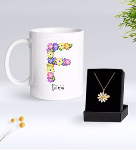BK Gift Kişiye Özel Çiçek Temalı Harf Kupa ve Papatya Kolye Hediye Seti-7 (Model 1)