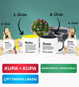 İkili Sarı Siyah Kişiye Özel Baba ve Anne Kupa Bardak Anahtarlık Hediye Seti